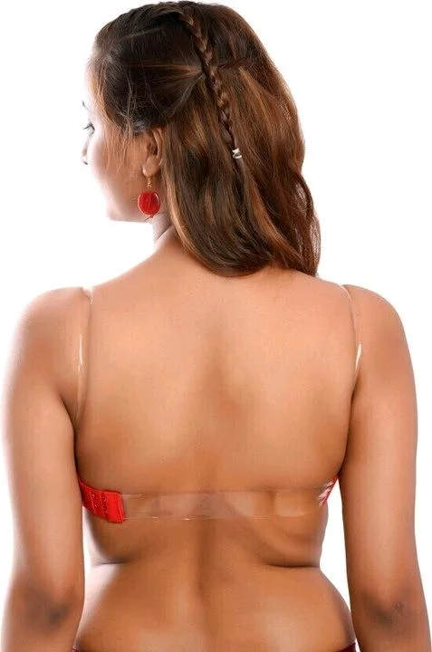 Women's Poly Cotton Padded Wired Push-Up Bra Stylish Backless Transparent Strap T-Shirt's Bra - 32B, Red