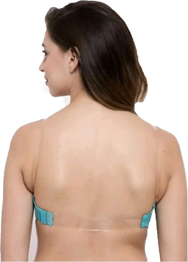 Women's Poly Cotton Padded Wired Push-Up Bra Stylish Backless Transparent Strap T-Shirt's Bra - 32B, Aqua Blue