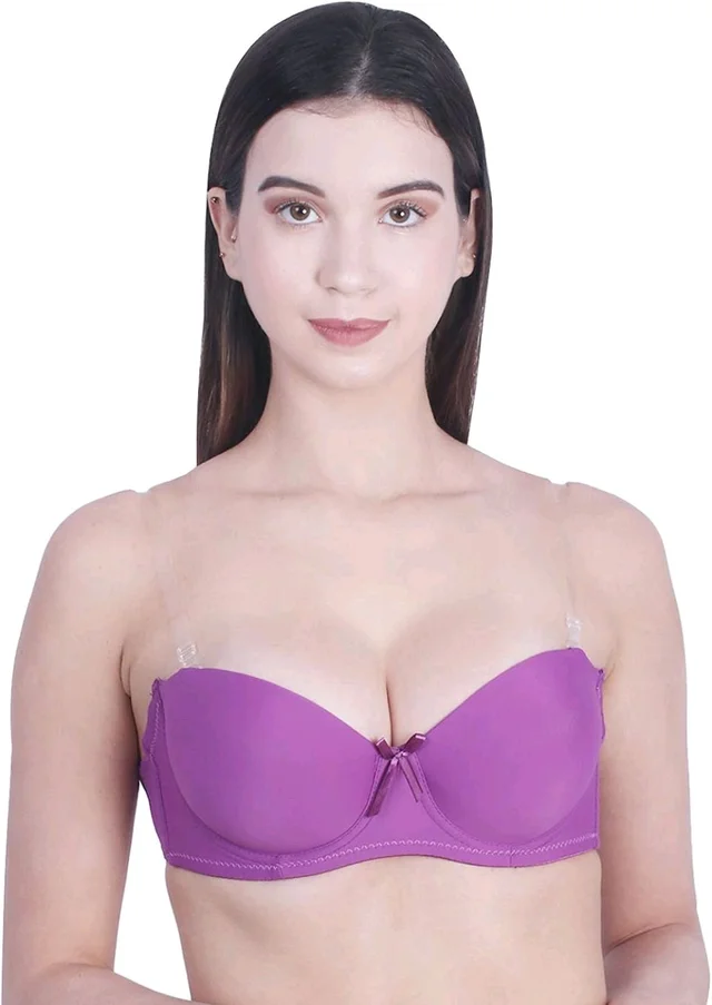 Women's Poly Cotton Padded Wired Push-Up Bra Stylish Backless Transparent Strap T-Shirt's Bra - 32B, Fuchsia Pink