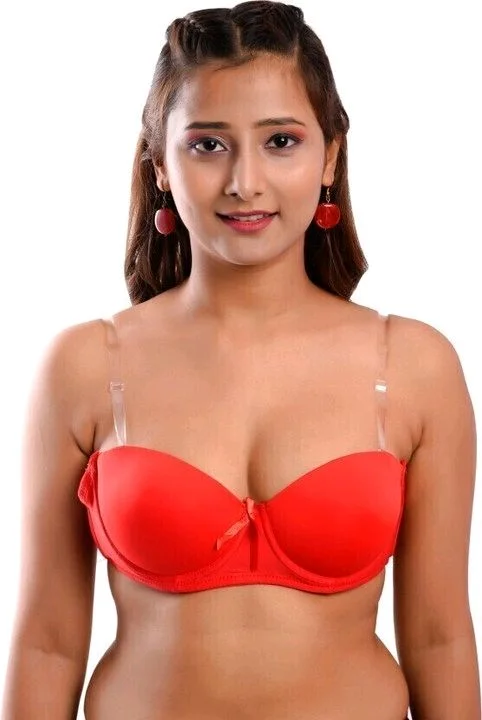 Women's Poly Cotton Padded Wired Push-Up Bra Stylish Backless Transparent Strap T-Shirt's Bra - 34B, Red