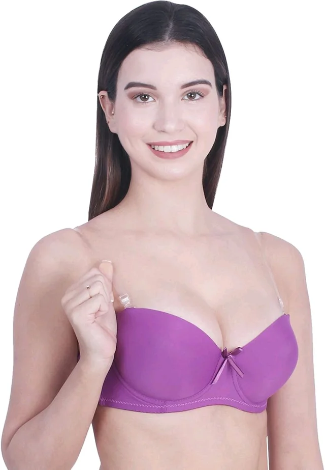 Women's Poly Cotton Padded Wired Push-Up Bra Stylish Backless Transparent Strap T-Shirt's Bra - 34B, Fuchsia Pink