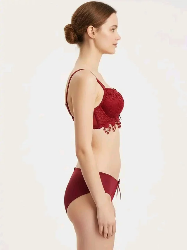 Womens Elegant Floral Print Padded Underwired Bra and Panty Set - 30B, Maroon