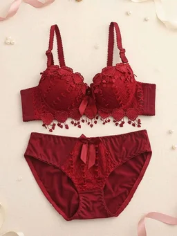 Womens Elegant Floral Print Padded Underwired Bra and Panty Set - 30B, Maroon