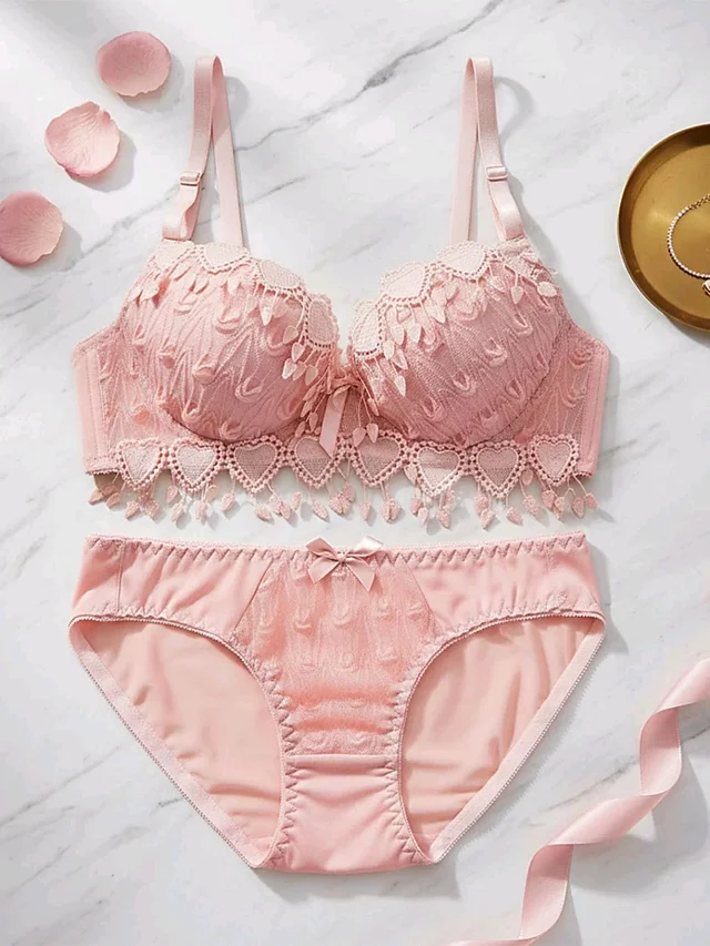 Womens Elegant Floral Print Padded Underwired Bra and Panty Set - 30B, Peach