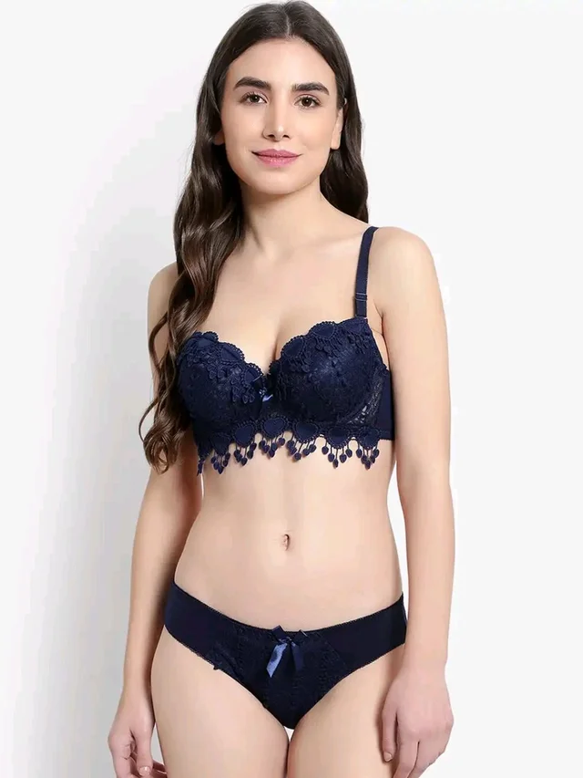 Womens Elegant Floral Print Padded Underwired Bra and Panty Set - 30B, blue