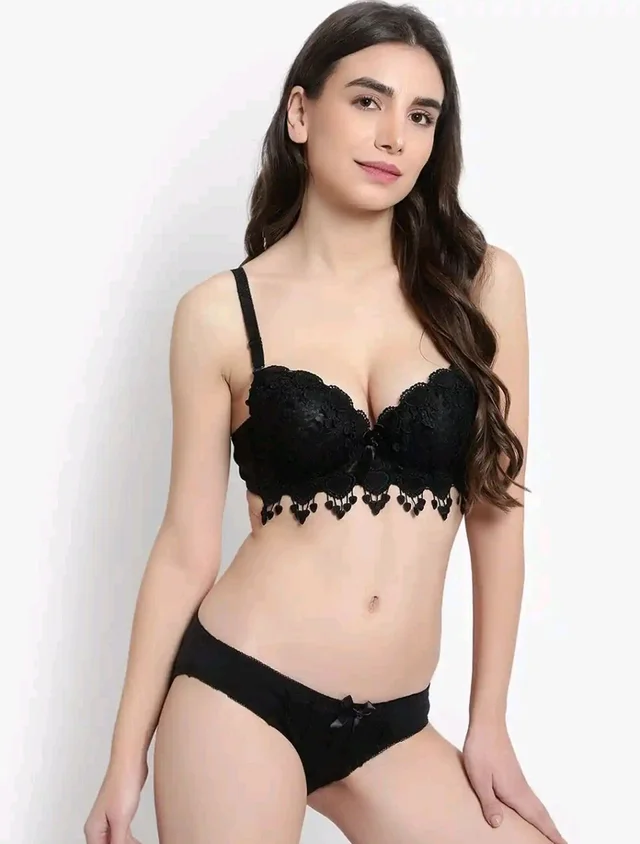 Womens Elegant Floral Print Padded Underwired Bra and Panty Set - 32B, Black