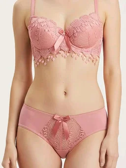 Womens Elegant Floral Print Padded Underwired Bra and Panty Set - 32B, Peach