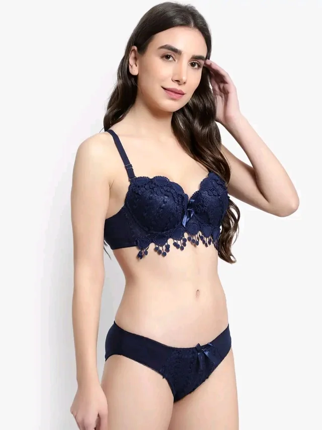 Womens Elegant Floral Print Padded Underwired Bra and Panty Set - 32B, blue