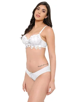 Womens Elegant Floral Print Padded Underwired Bra and Panty Set - 32B, White