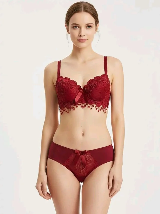 Womens Elegant Floral Print Padded Underwired Bra and Panty Set - 34B, Maroon