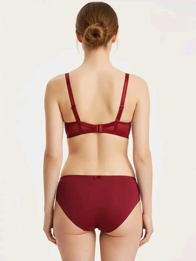 Womens Elegant Floral Print Padded Underwired Bra and Panty Set - 34B, Maroon