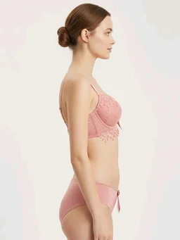 Womens Elegant Floral Print Padded Underwired Bra and Panty Set - 34B, Peach