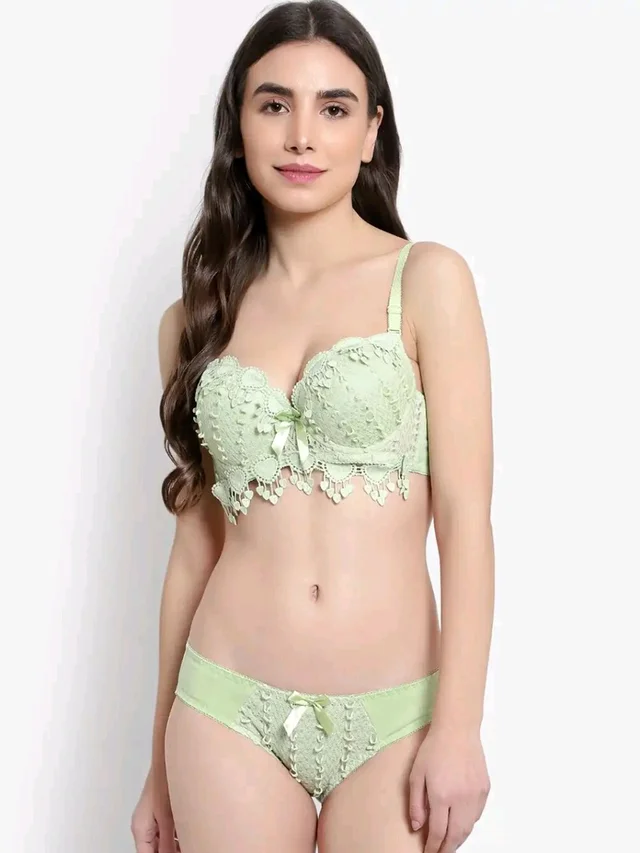 Womens Elegant Floral Print Padded Underwired Bra and Panty Set - 34B, Light Green