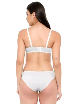 Womens Elegant Floral Print Padded Underwired Bra and Panty Set - 34B, White