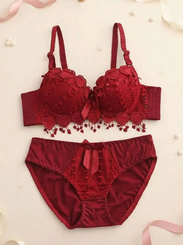 Womens Elegant Floral Print Padded Underwired Bra and Panty Set - 36B, Maroon