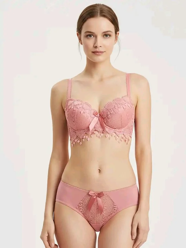 Womens Elegant Floral Print Padded Underwired Bra and Panty Set - 36B, Peach