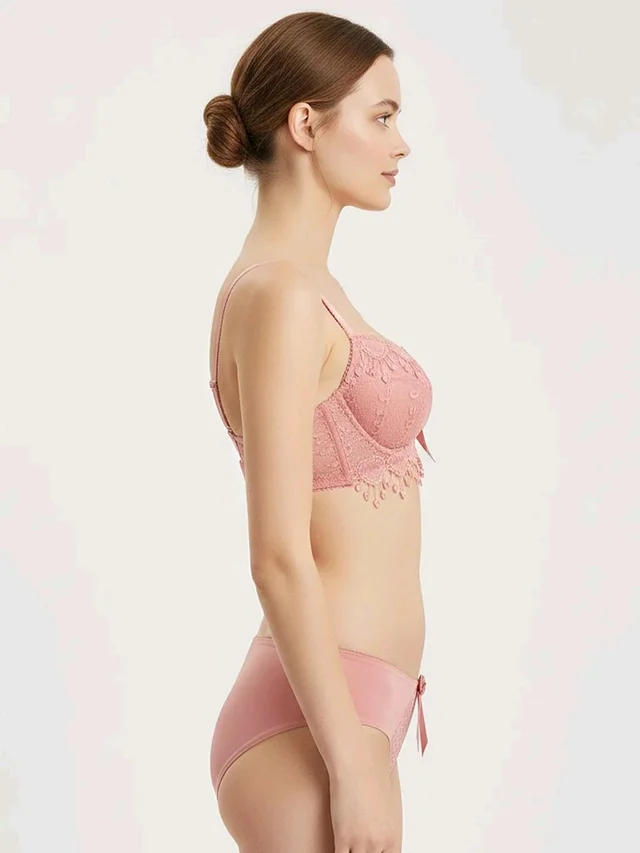 Womens Elegant Floral Print Padded Underwired Bra and Panty Set - 36B, Peach