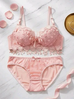 Womens Elegant Floral Print Padded Underwired Bra and Panty Set - 36B, Peach