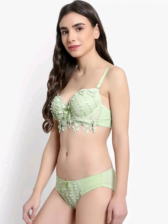 Womens Elegant Floral Print Padded Underwired Bra and Panty Set - 36B, Light Green