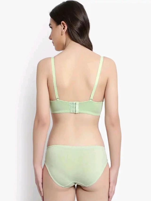 Womens Elegant Floral Print Padded Underwired Bra and Panty Set - 36B, Light Green