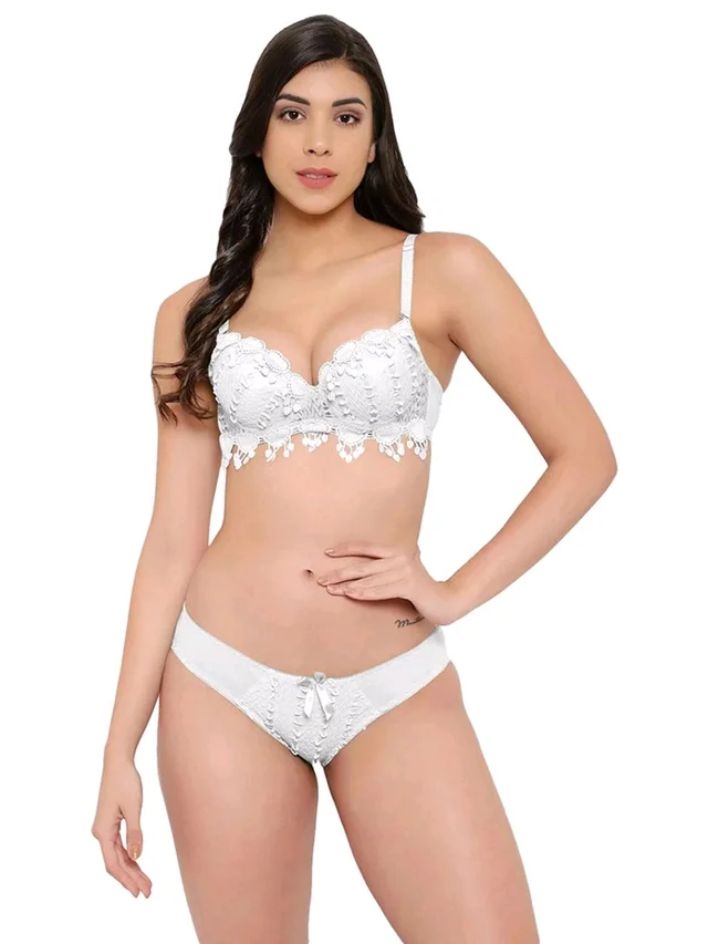 Womens Elegant Floral Print Padded Underwired Bra and Panty Set - 36B, White