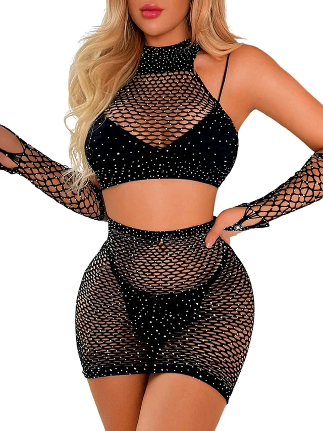 Lingerie Fishnet Two Piece Rhinestone Deep V Neck Teddy Babydoll Mesh Nightwear for Women Mesh Badydoll Fishnets Dresses See Through Lingerie Chemise Outfits with top and Hand Gloves - L, Black