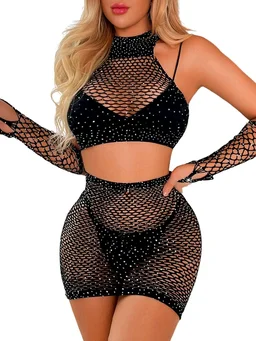 Lingerie Fishnet Two Piece Rhinestone Deep V Neck Teddy Babydoll Mesh Nightwear for Women Mesh Badydoll Fishnets Dresses See Through Lingerie Chemise Outfits with top and Hand Gloves - M, Black