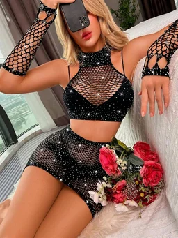 Lingerie Fishnet Two Piece Rhinestone Deep V Neck Teddy Babydoll Mesh Nightwear for Women Mesh Badydoll Fishnets Dresses See Through Lingerie Chemise Outfits with top and Hand Gloves - S, Black