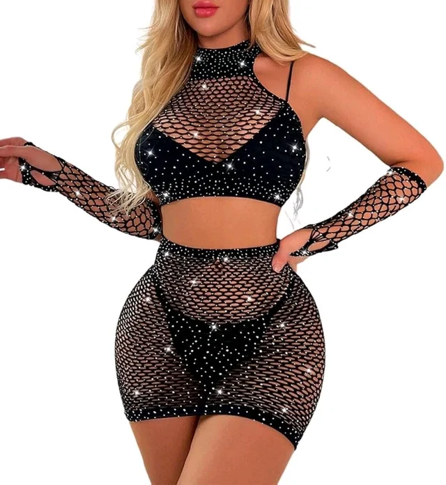 Lingerie Fishnet Two Piece Rhinestone Deep V Neck Teddy Babydoll Mesh Nightwear for Women Mesh Badydoll Fishnets Dresses See Through Lingerie Chemise Outfits with top and Hand Gloves - Free size, Black