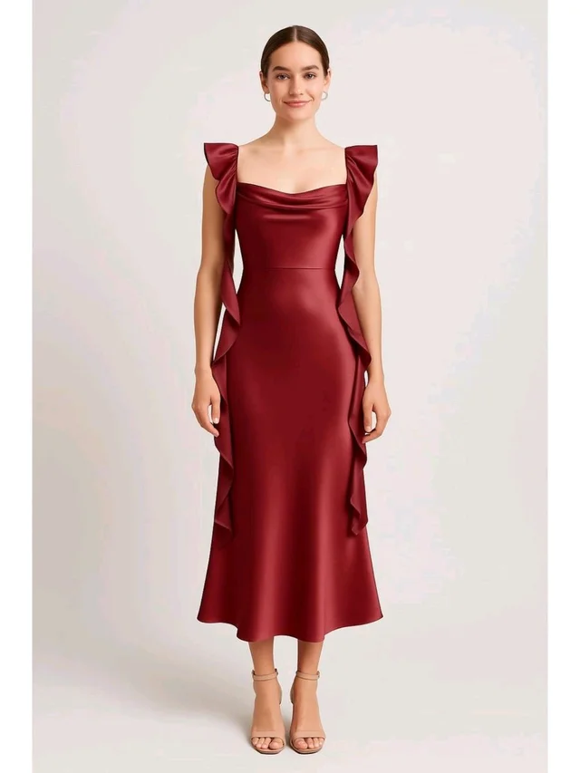 Satin Cowl Neck Solid Ruffle Hem Maxi Dress - L, Merlot