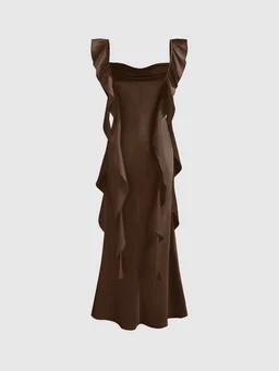 Satin Cowl Neck Solid Ruffle Hem Maxi Dress - M, Cork
