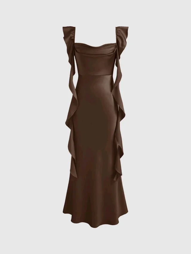 Satin Cowl Neck Solid Ruffle Hem Maxi Dress - S, Cork