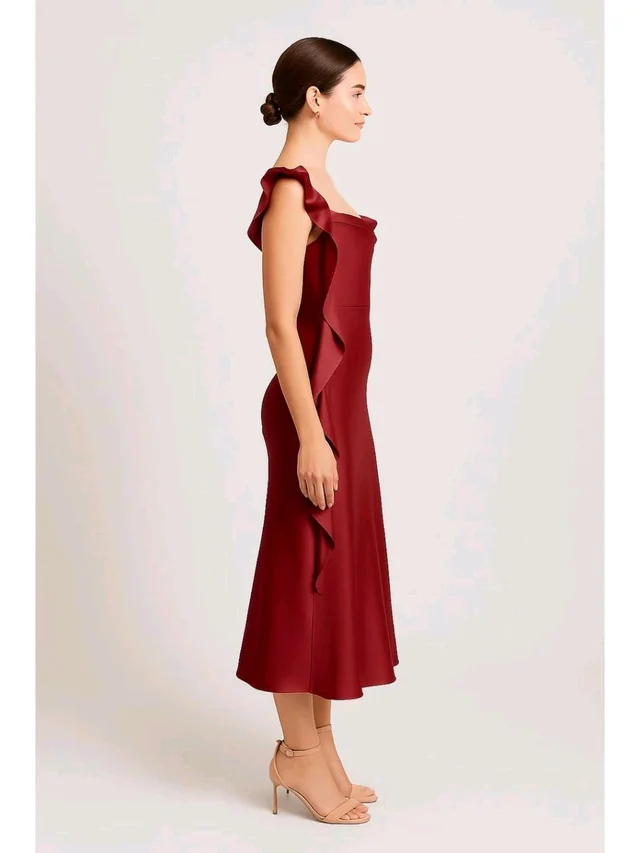 Satin Cowl Neck Solid Ruffle Hem Maxi Dress - XL, Merlot