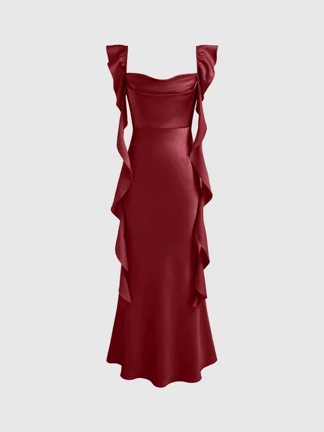 Satin Cowl Neck Solid Ruffle Hem Maxi Dress - XL, Merlot