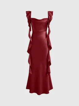 Satin Cowl Neck Solid Ruffle Hem Maxi Dress - XS, Merlot
