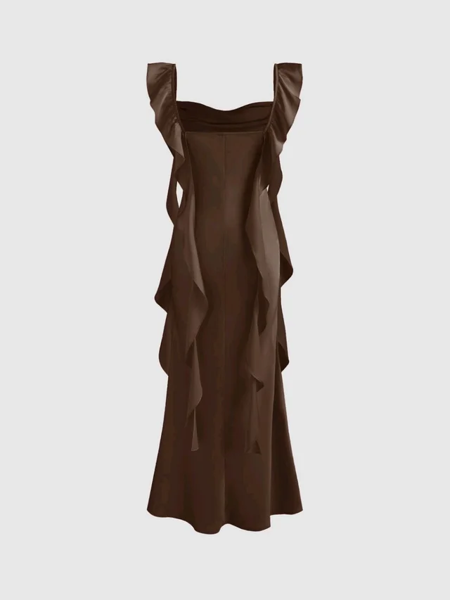 Satin Cowl Neck Solid Ruffle Hem Maxi Dress - XS, Cork