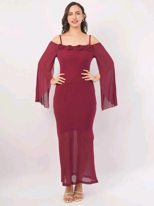 Women Shoulder Straps
Slit Sleeve Applique Net Maxi Dress - S, Vin Rouge
