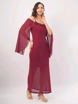 Women Shoulder Straps
Slit Sleeve Applique Net Maxi Dress - S, Vin Rouge