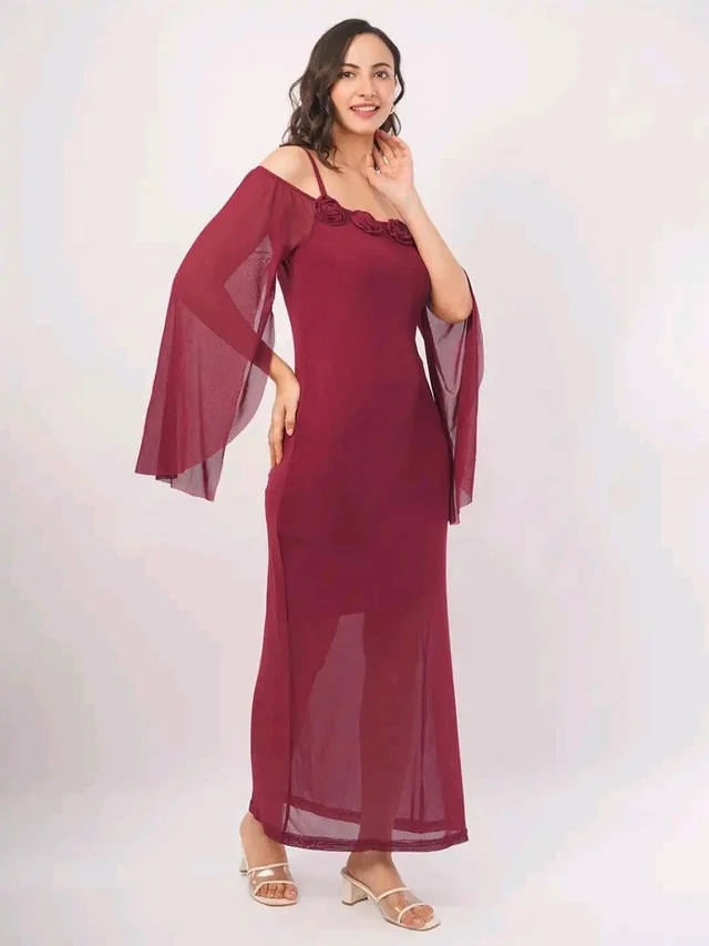 Women Shoulder Straps
Slit Sleeve Applique Net Maxi Dress - S, Vin Rouge