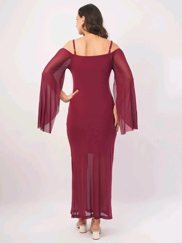 Women Shoulder Straps
Slit Sleeve Applique Net Maxi Dress - S, Vin Rouge