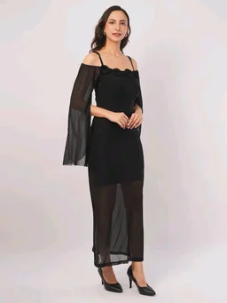 Women Shoulder Straps
Slit Sleeve Applique Net Maxi Dress - S, Black