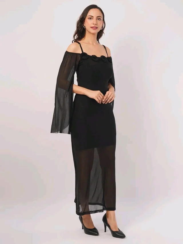 Women Shoulder Straps
Slit Sleeve Applique Net Maxi Dress - S, Black