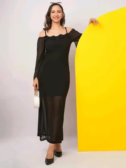 Women Shoulder Straps
Slit Sleeve Applique Net Maxi Dress - S, Black
