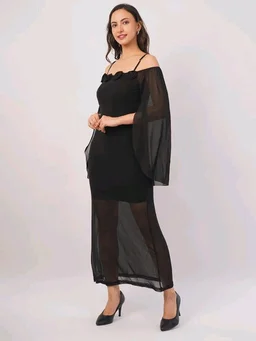 Women Shoulder Straps
Slit Sleeve Applique Net Maxi Dress - S, Black