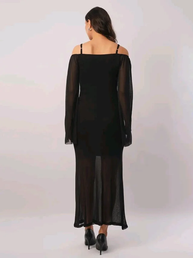 Women Shoulder Straps
Slit Sleeve Applique Net Maxi Dress - S, Black