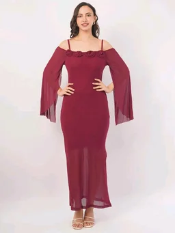 Women Shoulder Straps
Slit Sleeve Applique Net Maxi Dress - M, Vin Rouge