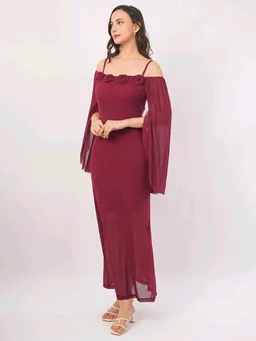 Women Shoulder Straps
Slit Sleeve Applique Net Maxi Dress - M, Vin Rouge