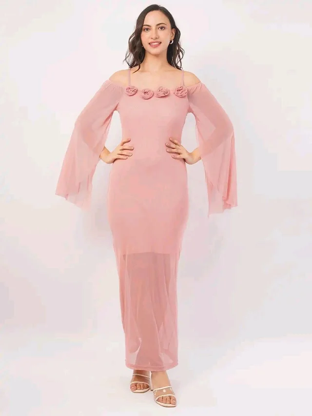 Women Shoulder Straps
Slit Sleeve Applique Net Maxi Dress - M, Shilo