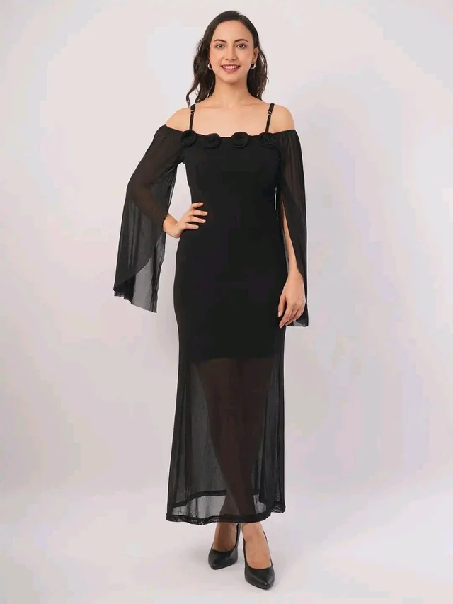 Women Shoulder Straps
Slit Sleeve Applique Net Maxi Dress - M, Black