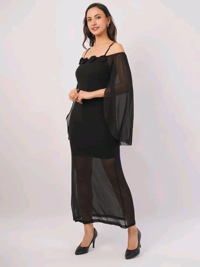 Women Shoulder Straps
Slit Sleeve Applique Net Maxi Dress - M, Black